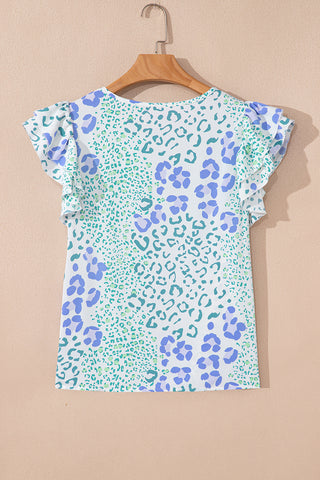 Ruffle Sleeve Leopard Top - Blue