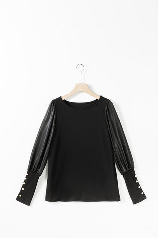 Button Sleeve Shiny Top - Black