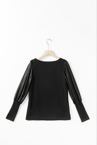 Button Sleeve Shiny Top - Black