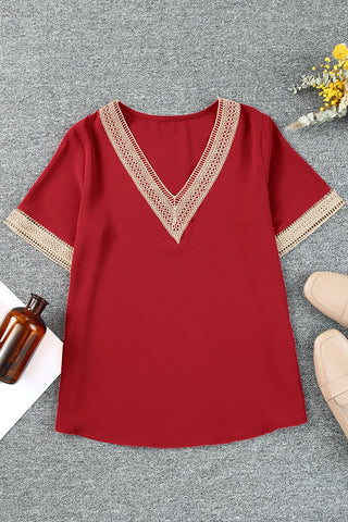 Crochet V-Neck Top - Red