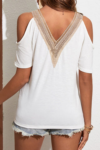 Cold Shoulder Crochet Neck Top - White