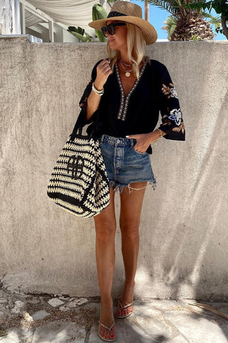 Embroidered V-Neck Top - Black