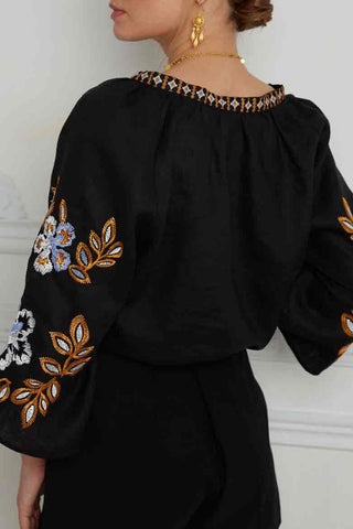 Embroidered V-Neck Top - Black