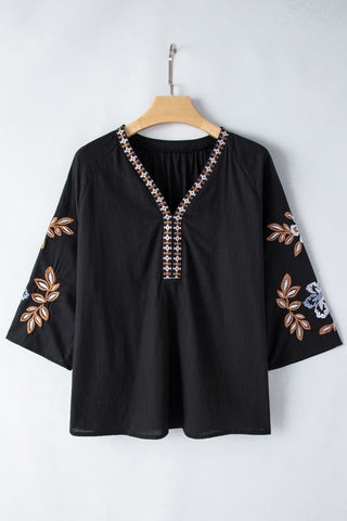 Embroidered V-Neck Top - Black