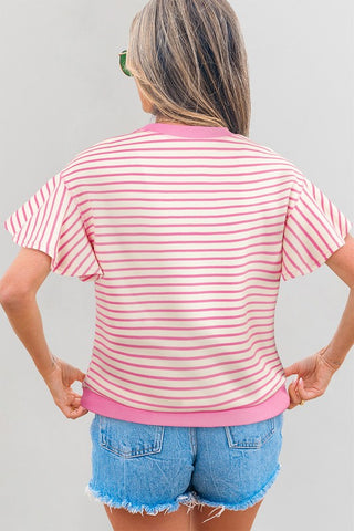 Candy Striped Flutter Sleeve Top - Pink