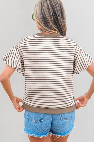 Candy Striped Flutter Sleeve Top - Mocha