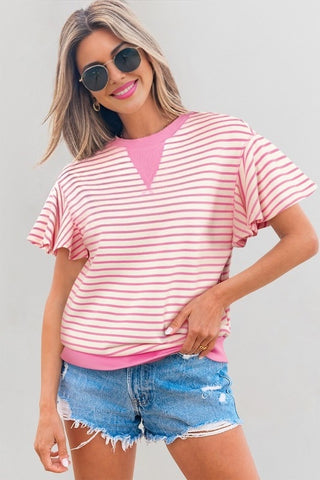 Candy Striped Flutter Sleeve Top - Pink
