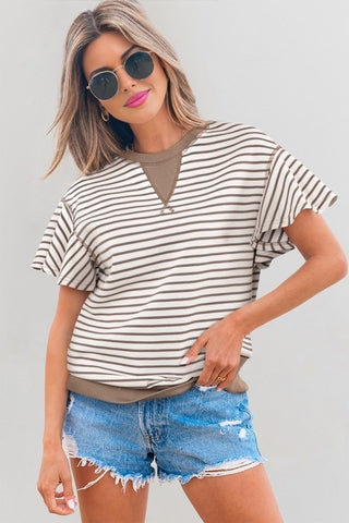 Candy Striped Flutter Sleeve Top - Mocha