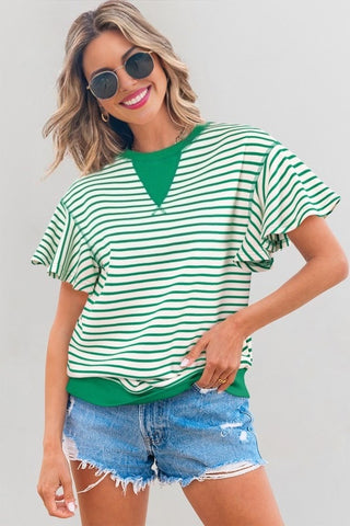 Candy Striped Flutter Sleeve Top - Green