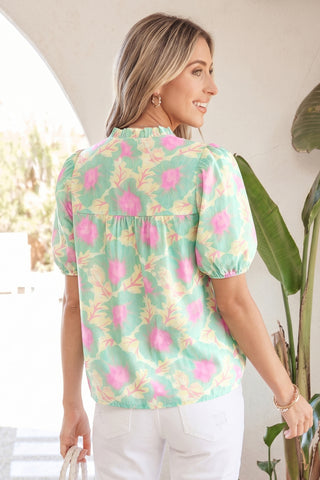 Puff Sleeve Floral Top - Green Pastel