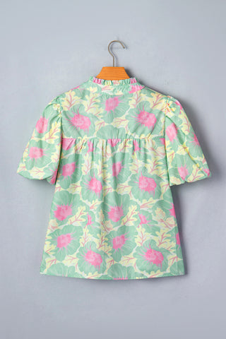 Puff Sleeve Floral Top - Green Pastel