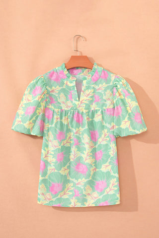 Puff Sleeve Floral Top - Green Pastel