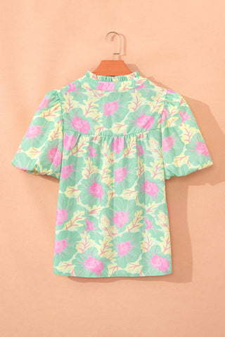 Puff Sleeve Floral Top - Green Pastel