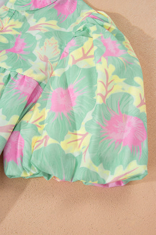 Puff Sleeve Floral Top - Green Pastel