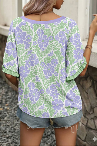Ruffle Detail Floral Top - Purple and Green
