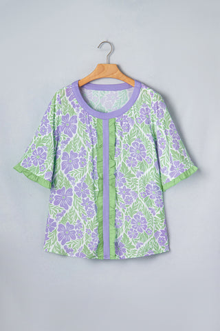 Ruffle Detail Floral Top - Purple and Green
