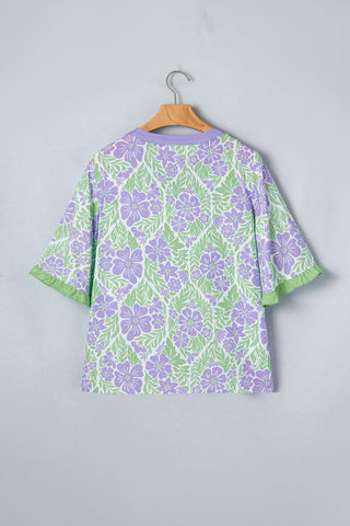 Ruffle Detail Floral Top - Purple and Green