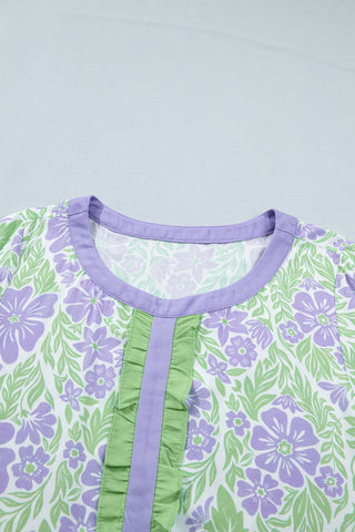 Ruffle Detail Floral Top - Purple and Green