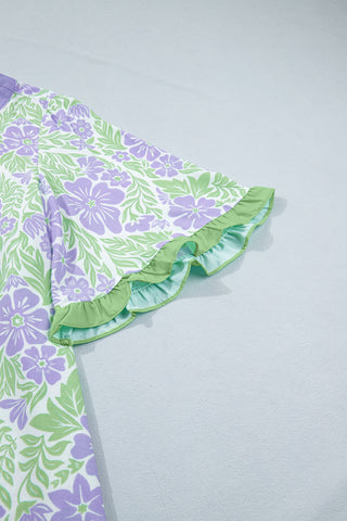 Ruffle Detail Floral Top - Purple and Green