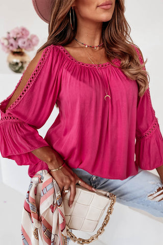 Crochet Accent Bell Sleeve Top - Hot Pink