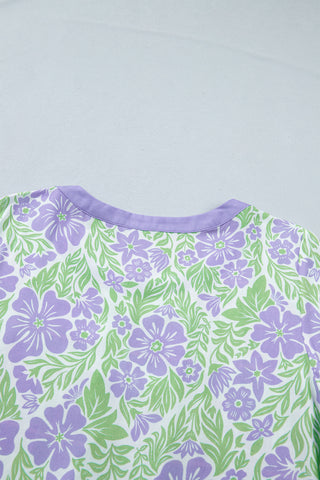 Ruffle Detail Floral Top - Purple and Green