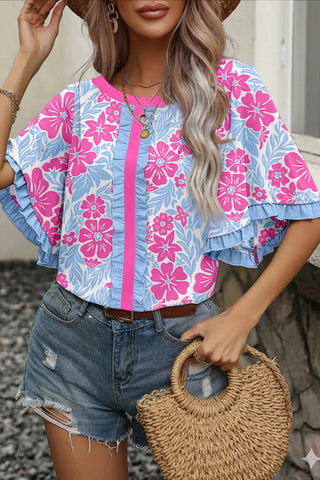 Ruffle Detail Floral Top - Pink and Purple