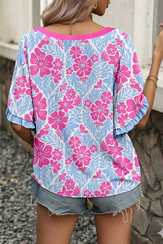 Ruffle Detail Floral Top - Pink and Purple