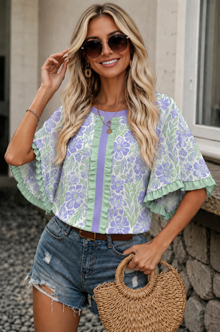 Ruffle Detail Floral Top - Purple and Green