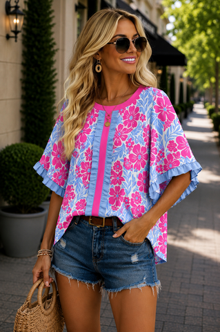 Ruffle Detail Floral Top - Pink and Purple