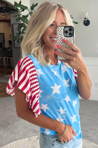 Stars and Stripes Ruffle Sleeve Top