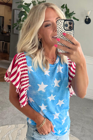 Stars and Stripes Ruffle Sleeve Top