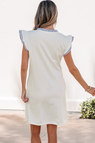Sailor Striped Ruffle Sleeve Dress - White