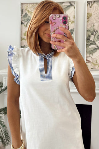 Sailor Striped Ruffle Sleeve Dress - White