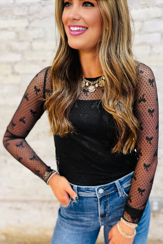 Fishnet Style Tiny Bows Top - Black