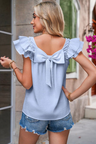 Bow Back Flutter Sleeve Top - Blue