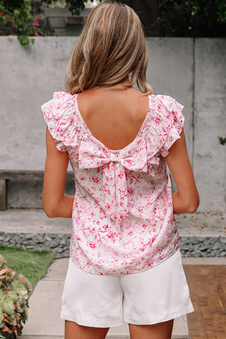 Bow Back Flutter Sleeve Top - Pink Floral Print