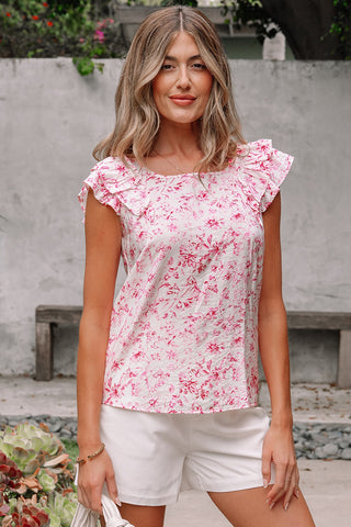 Bow Back Flutter Sleeve Top - Pink Floral Print
