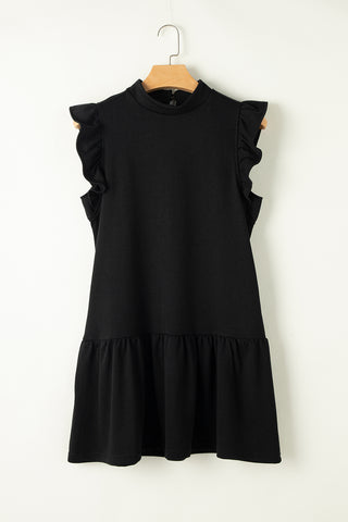 Crew Neck Flutter Sleeve Dress - Black