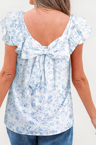 Bow Back Flutter Sleeve Top - Blue Floral Print