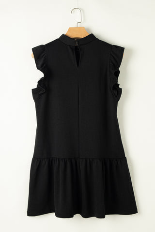 Crew Neck Flutter Sleeve Dress - Black