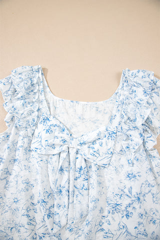 Bow Back Flutter Sleeve Top - Blue Floral Print