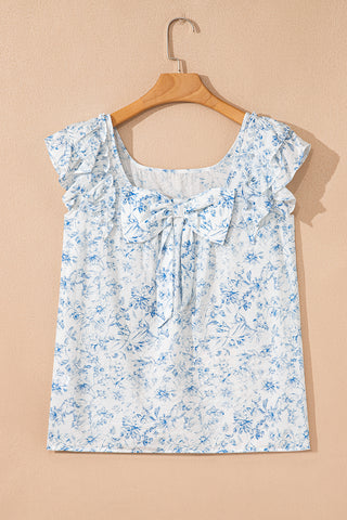 Bow Back Flutter Sleeve Top - Blue Floral Print