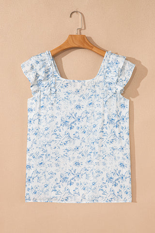 Bow Back Flutter Sleeve Top - Blue Floral Print