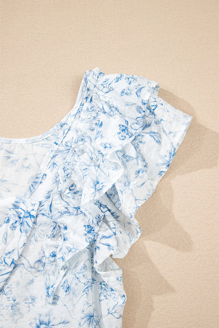 Bow Back Flutter Sleeve Top - Blue Floral Print