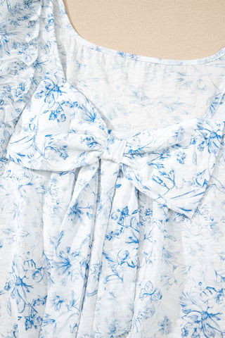 Bow Back Flutter Sleeve Top - Blue Floral Print