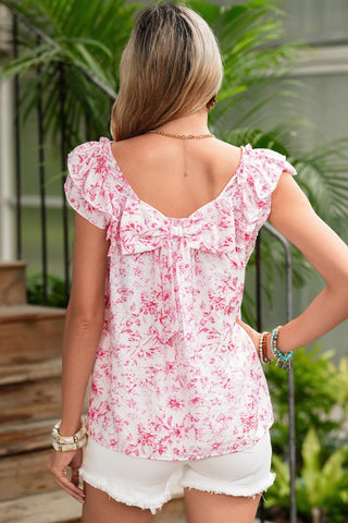 Bow Back Flutter Sleeve Top - Pink Floral Print