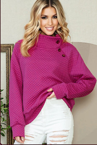 Quilted Button Detail Top - Hot Pink