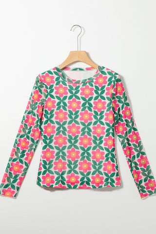 Retro Print Floral Top - Green and Pink