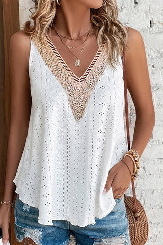 Eyelet V-Neck  Tank Top - White