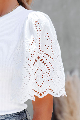 Eyelet Sleeve Ribbed Top - White